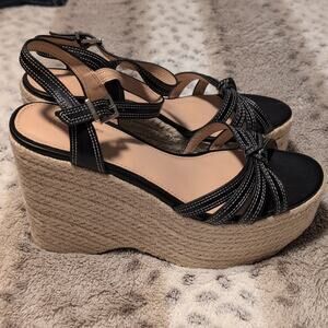 Urban Outfitters Vivian Espadrille Wedge Platform Sandals Black Faux Leather 8